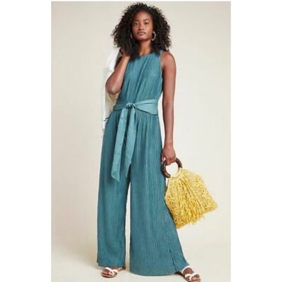 By Anthropologie Green Bionda Plisse Wide Leg Jump Suit Size Medium Petite - Picture 2 of 11